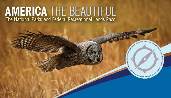 Promotional banner for "america the beautiful - the national parks and federal recreational lands pass" featuring a flying owl and a park pass logo.