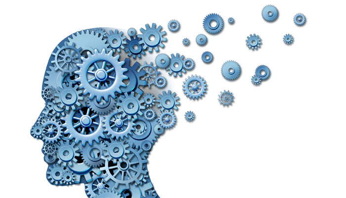 Illustration of a human head profile composed of interlocking blue gears and cogs, symbolizing thought or mental processes, with some gears dispersed outward.