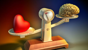 A stylized balance scale with a brain on one side and a heart on the other, symbolizing the balance between logic and emotion. the background is softly blurred with warm and cool tones.