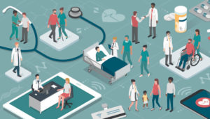 Illustration of various healthcare activities, including doctors consulting with patients, a nurse pushing a wheelchair, a medical lab scene, and people at a pharmacy counter.