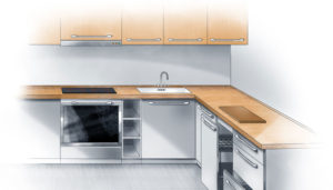 A sketch of a modern kitchen interior featuring overhead cabinets, an integrated sink, a built-in oven, and a dishwasher, all designed in a minimalistic style with neutral colors.