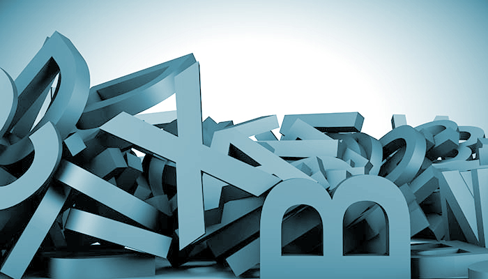 3d rendering of a chaotic pile of oversized blue letters and numbers scattered across a light blue background.