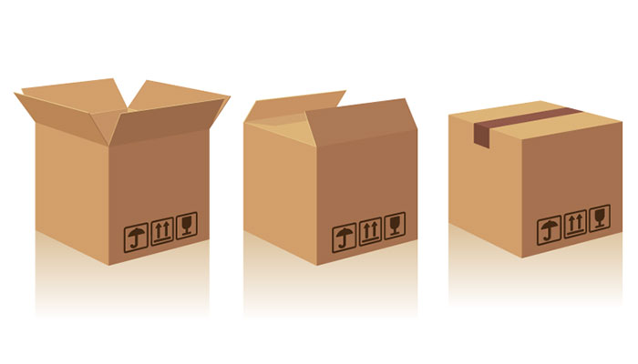 Three stages of a cardboard box: one fully open, one partially closed, and one sealed shut, depicted against a white background.