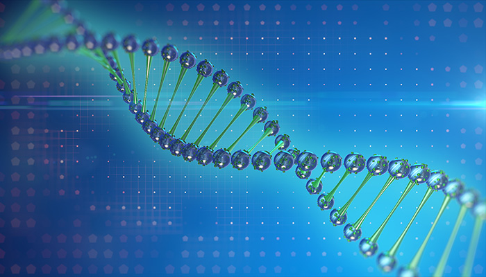 3d illustration of a dna double helix with glowing blue and green nodes on a digital blue background with abstract grid patterns.