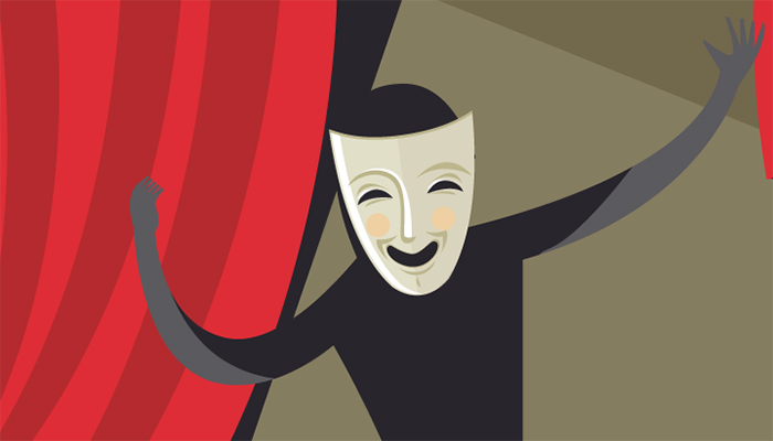 Illustration of a person in black holding a theatrical comedy mask, peeking from behind a red curtain with one arm raised in a wave or greeting gesture.