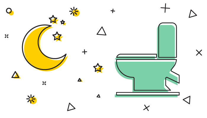 A stylized graphic featuring a crescent moon and a toilet surrounded by various geometric shapes and stars, all depicted in a minimalistic and colorful design.