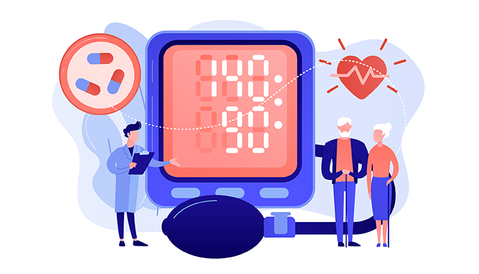 Illustration of a healthcare technology scene with a doctor, elderly couple, and large digital blood pressure monitor showing data trends.