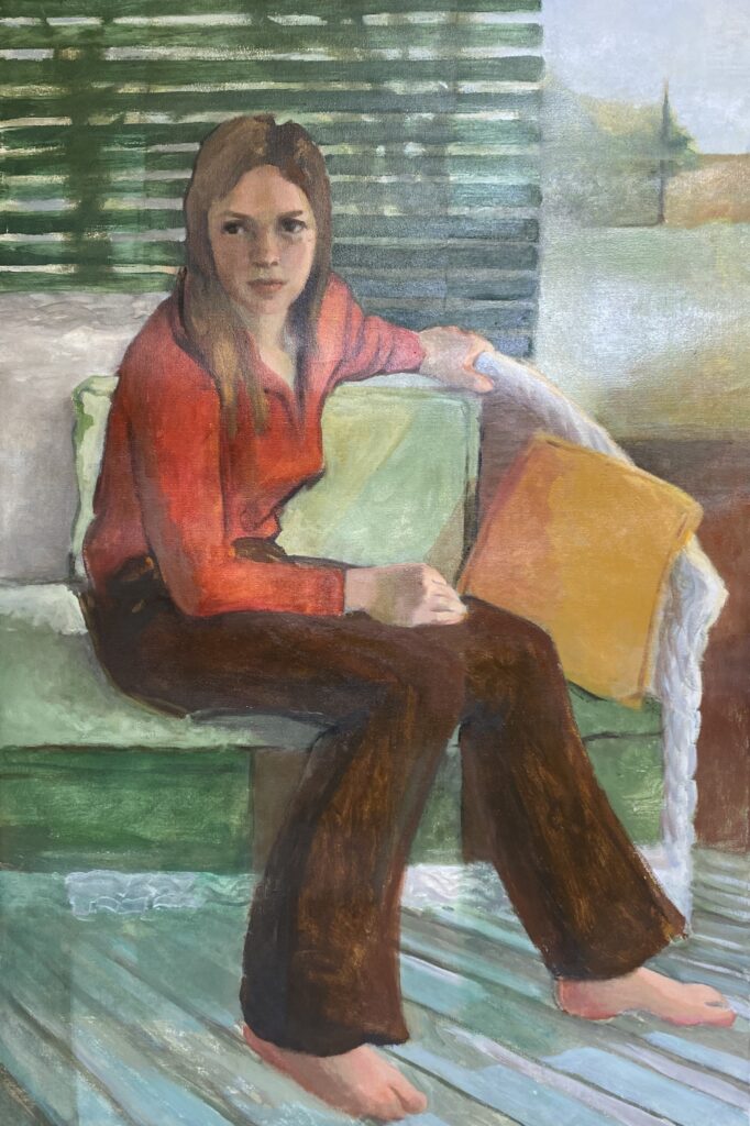 painting of a woman sitting on a couch