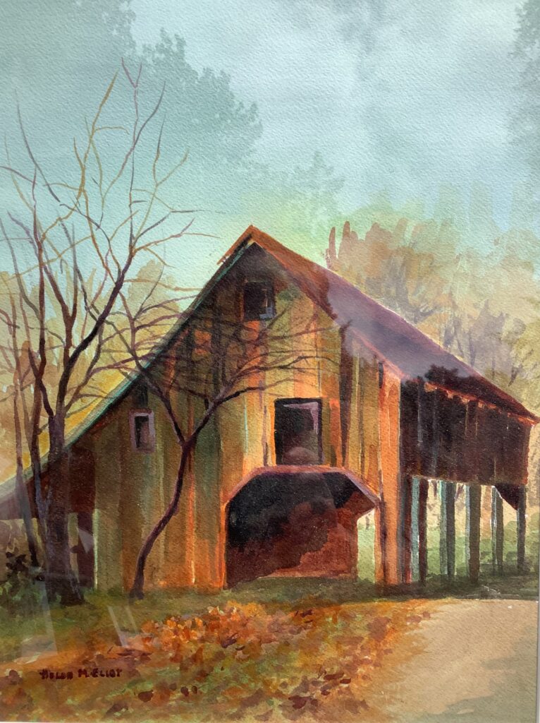 painting of a barn in autumn