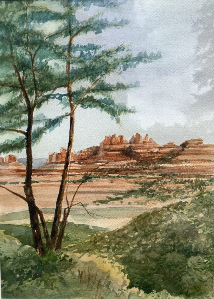 painting of a canyon with some trees