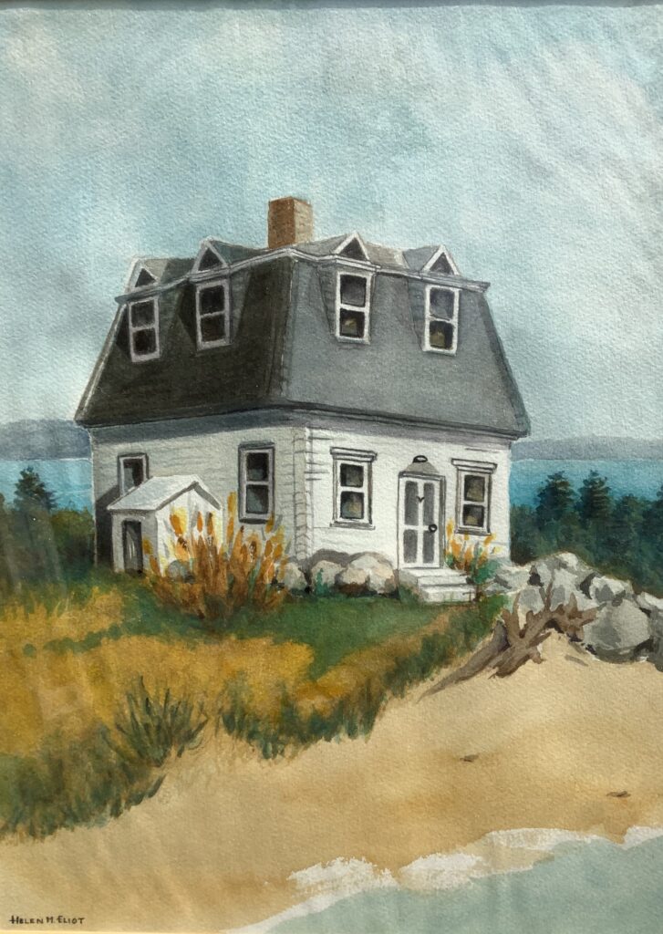painting of a white house along a coast