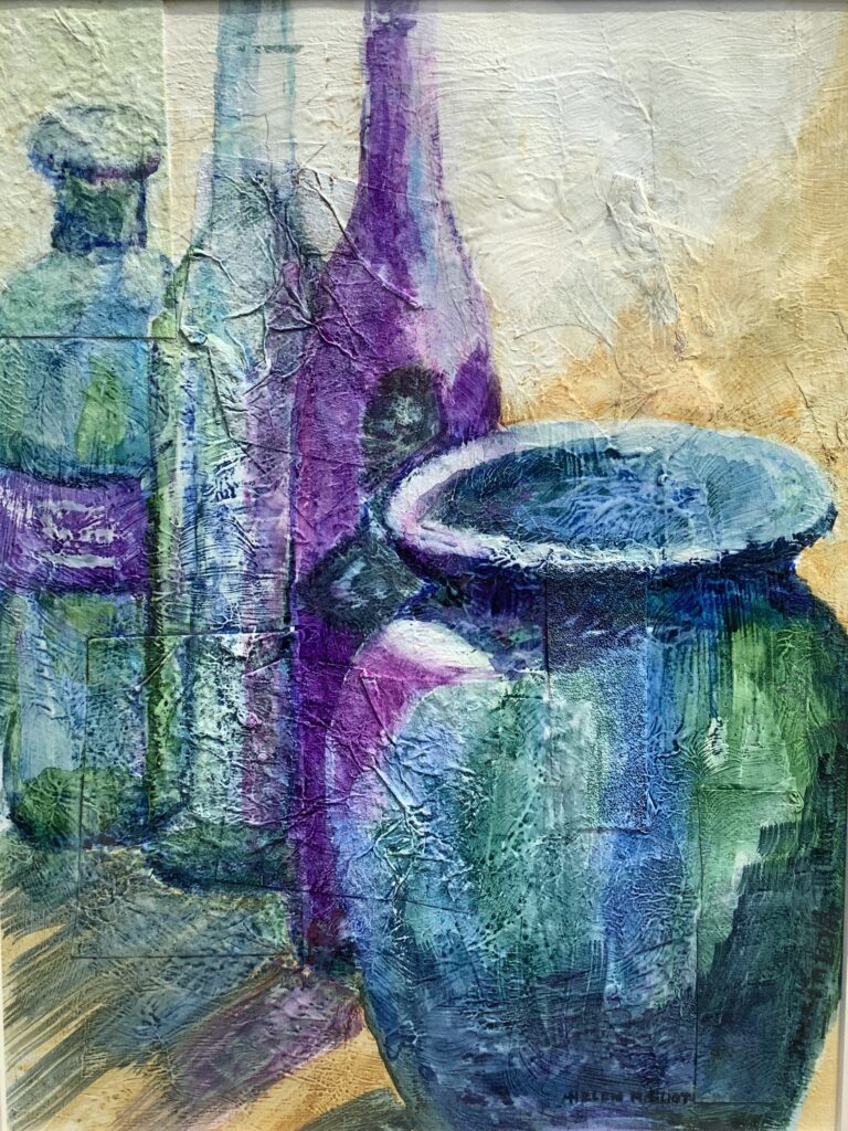 painting of some bottles and a pot in blue and purple hues