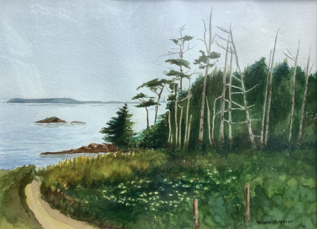 painting of trees along a coast