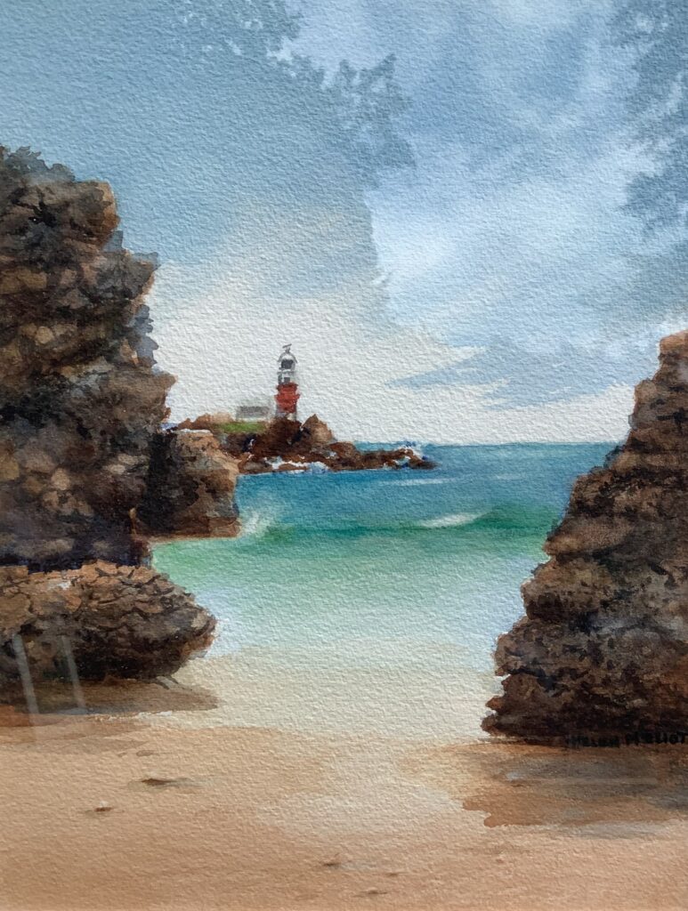 painting of a lighthouse along a beach coast