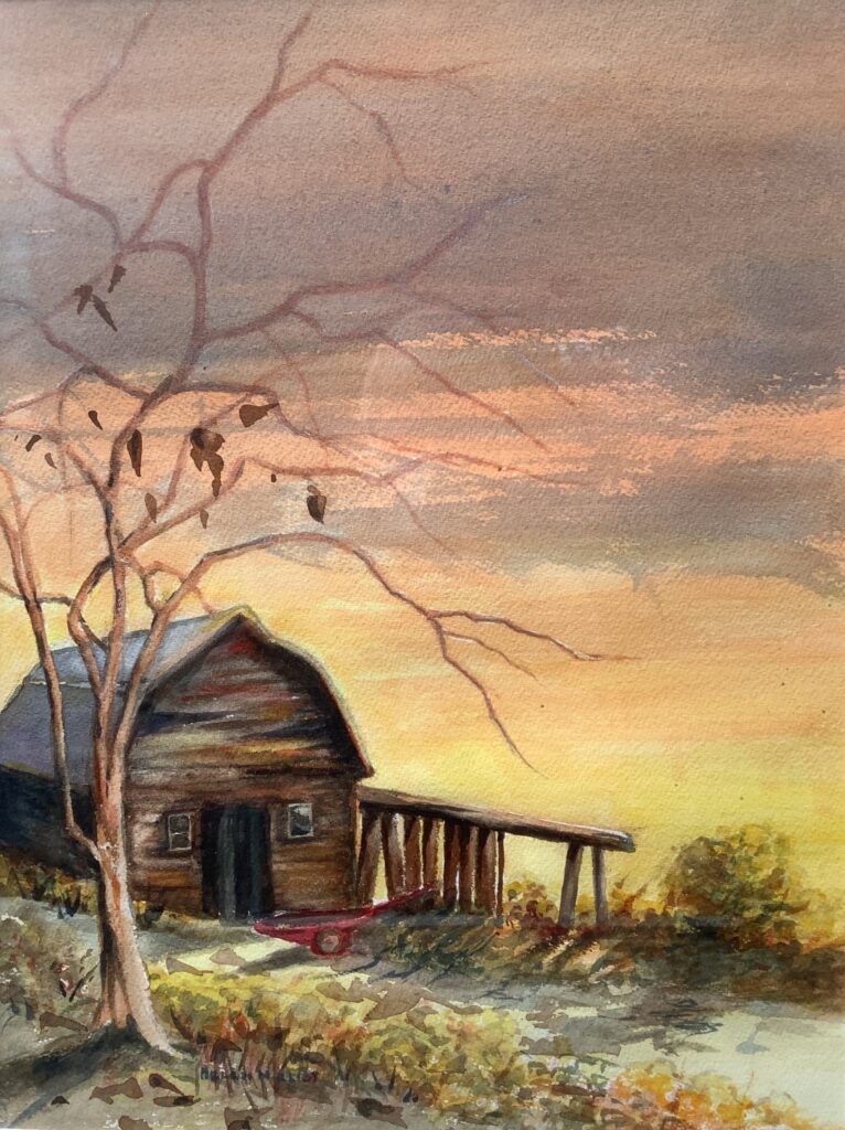 painting of a cabin in autumn