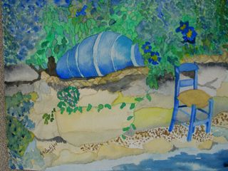 painting of a chair and pot on a coast
