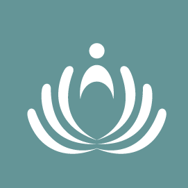 A simple white logo resembling a stylized person with arms raised, forming a crown-like shape, set against a solid teal background.